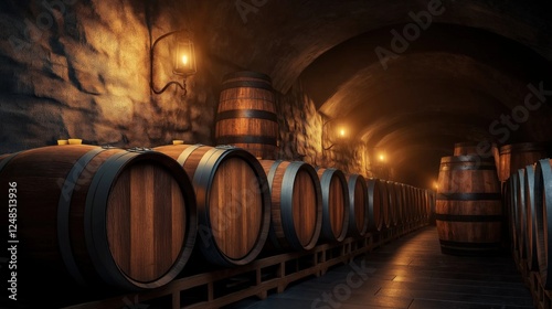 A dimly lit traditional wine cellar with rows of wooden barrels aging fine wine, illuminated by warm lantern light, creating an authentic and rustic ambiance