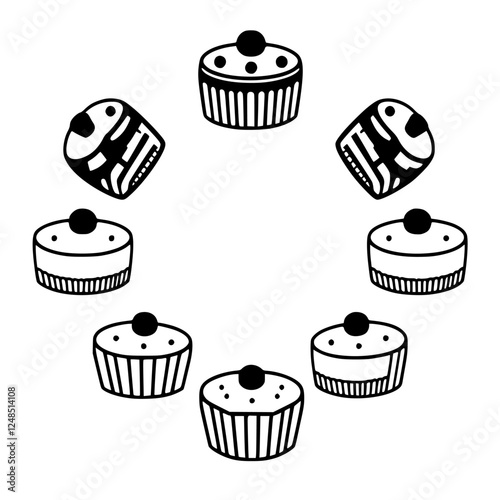 Black-and-White Circular Arrangement of Cupcakes and Donuts: A Minimalist Illustration.