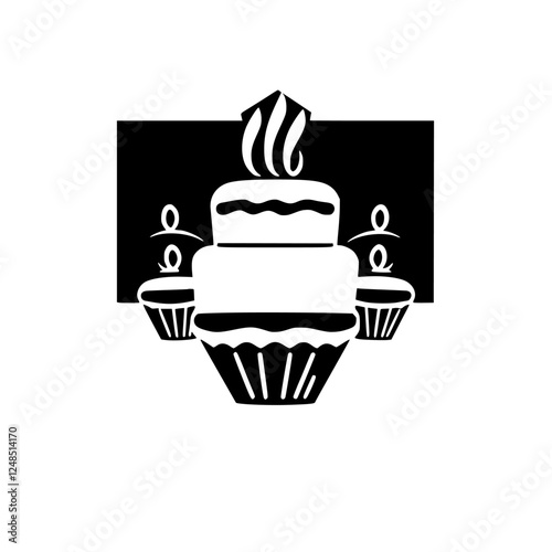 Festive birthday cake with cupcakes in black and white minimalistic illustration on black and white background.