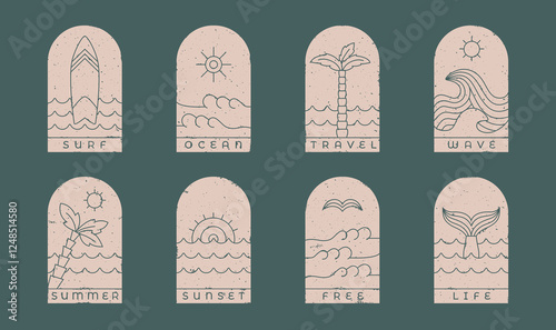 Vintage surfing stamp, t short design template set. Simple surf, sea, ocean vector illustration for surf club, surf shop, surf merch
