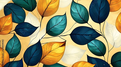 Blue and Gold Leaves on Textured Background