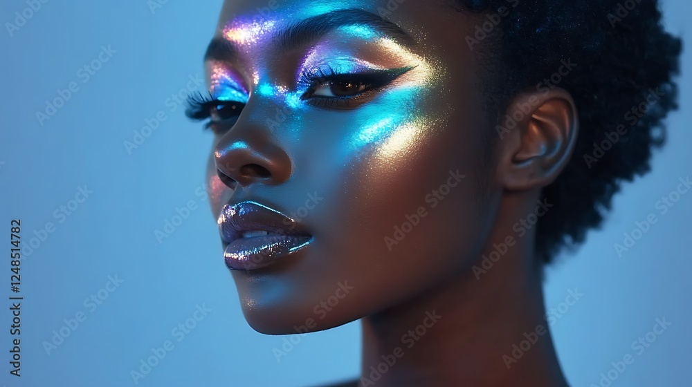 Portrait of a woman with holographic highlighter Portrait of a woman with holographic highlighter