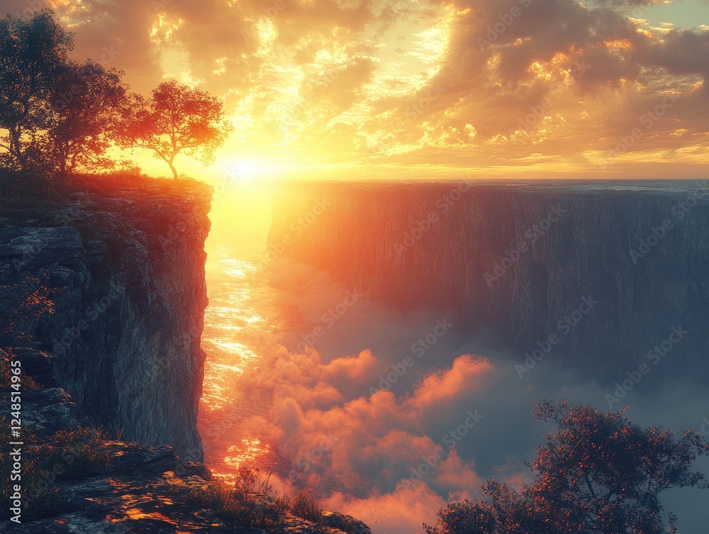 Fototapeta premium Sunset Over Cliffs: Golden Hour Landscape, Dramatic Clouds, Serene Vista, Majestic View, Breathtaking Scenery