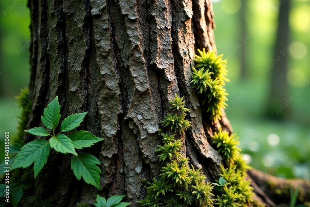Obraz premium Natural wood texture of a maple tree trunk with moss and ferns, , tree bark