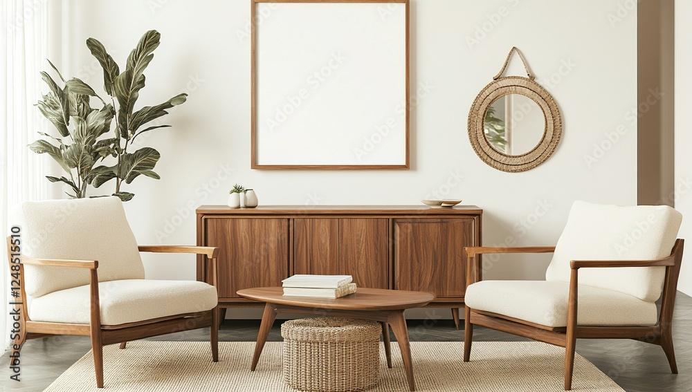 Fototapeta premium Mid Century Modern Living Room: Elegant Chairs, Wooden Cabinet, and Woven Decor Accents Beautifully Arranged.