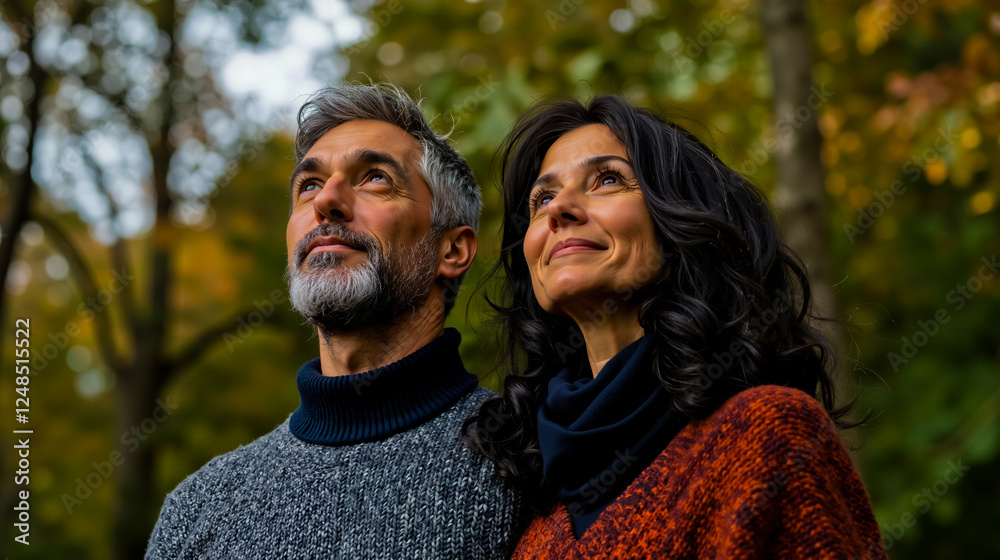 A man and woman looking up at the sky in the woods A man and woman looking up at the sky in the woods