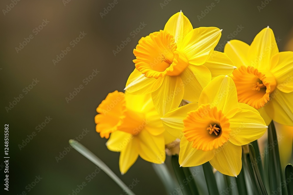 A close-up of bright yellow daffodils blooming in a spring garden, with delicate petals and a soft blurred background A close-up of bright yellow daffodils blooming in a spring garden, with delicate petals and a soft blurred background