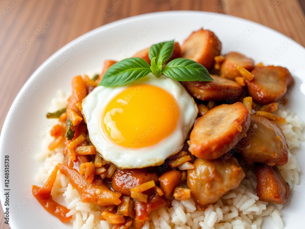 Rice topped with stir fried pork and basil served with sunny side up egg, plate, egg Rice topped with stir fried pork and basil served with sunny side up egg, plate, egg