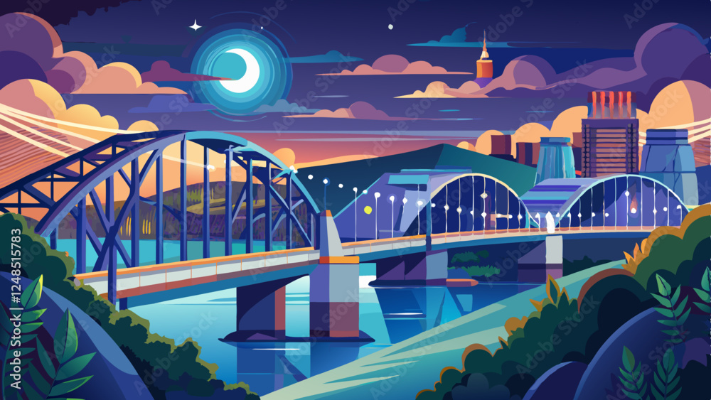 Obraz premium Bokeh Lights Bridge Tennessee River Night Photography