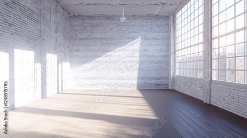 Fototapeta Naklejka Na Ścianę i Meble -  empty white brick wall industrial style bright wood floor 3d render illustration