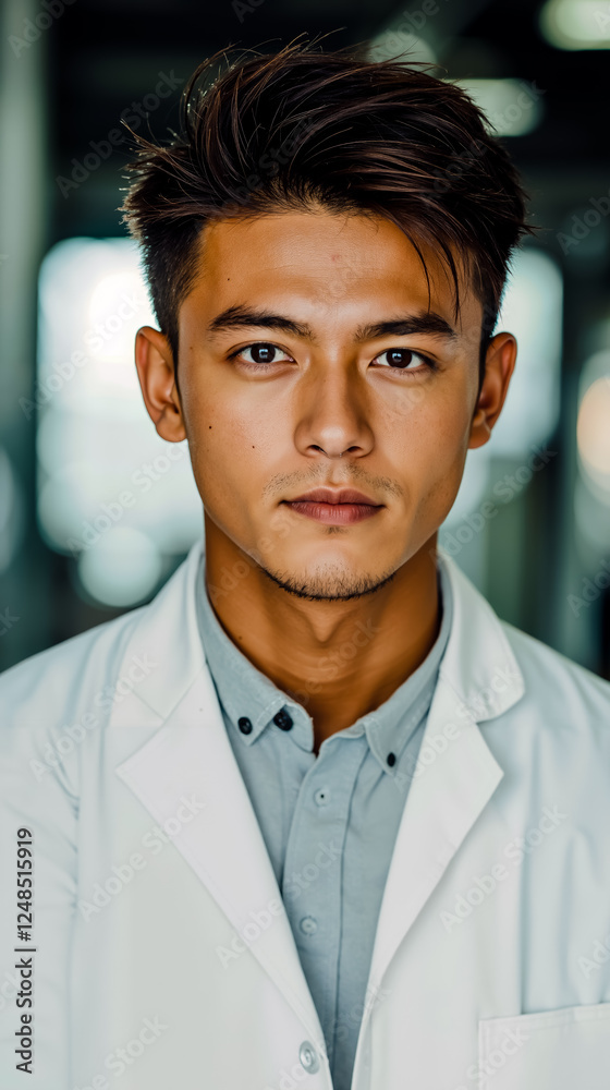A man in a white lab coat looking at the camera