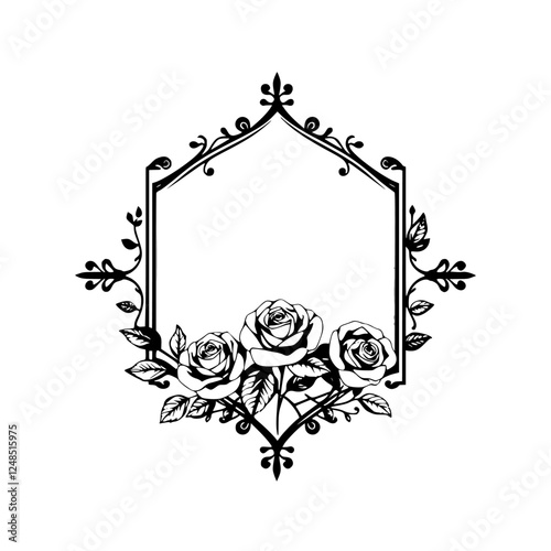 Elegant black and white ornate frame featuring three roses.