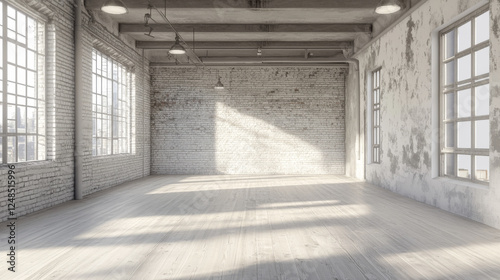 Fototapeta Naklejka Na Ścianę i Meble -  empty white brick wall industrial style bright wood floor 3d render illustration