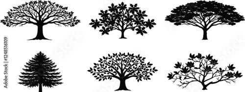black tree of live icon. Evergreen forest firs and spruces black shapes, wild nature trees templates. Evergreen trees, pine tree, oak tree, trees forest, bushes trees no white background.