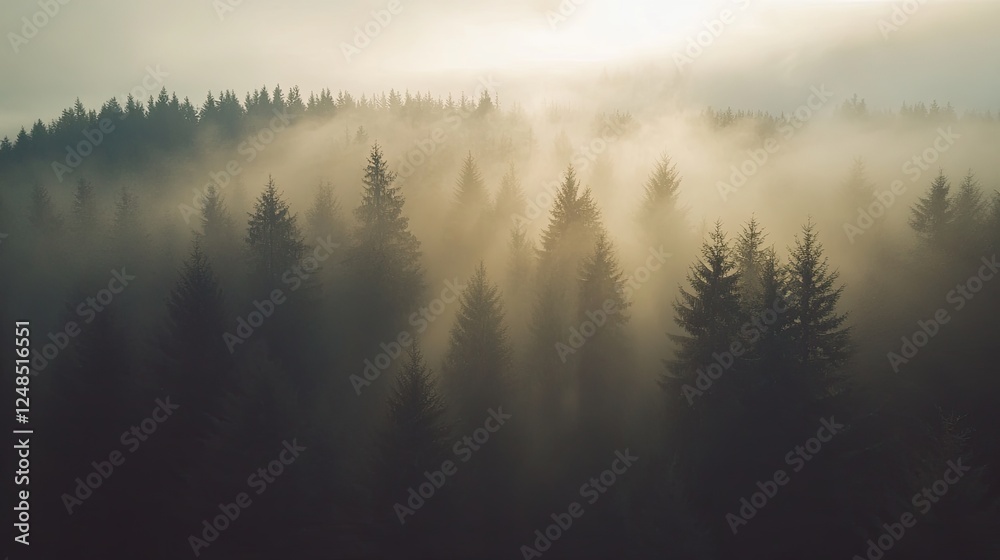 Fototapeta premium Sunlit Fog Envelops Dark Evergreen Forest