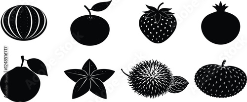 Fruits vector icon set. Fruit and vegetable silhouette collection. Vegetarian symbol. tropical fruits, veggies, fruits isolated, fruit basket, fruit splash