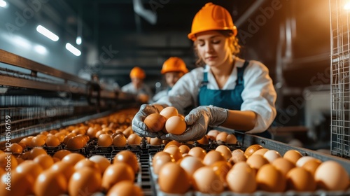 A dedicated worker in a poultry farm collects eggs with precision, illustrating the essence of hard work and the agricultural process in a vibrant industrial setting.