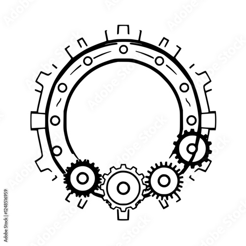 Intricate gear mechanism illustration, featuring a circle gear, interconnected smaller gears, and simplistic linework, suggesting mechanical workings.