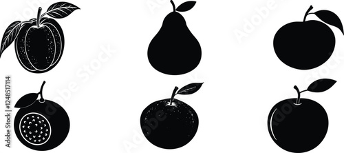 Fruits vector icon set. Fruit and vegetable silhouette collection. Vegetarian symbol. tropical fruits, veggies, fruits isolated, fruit basket, fruit splash