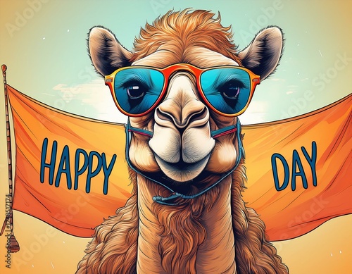 Generated image A whimsical drawing of a camel wearing sunglasses with a banner that says 'Happy Hump Day!