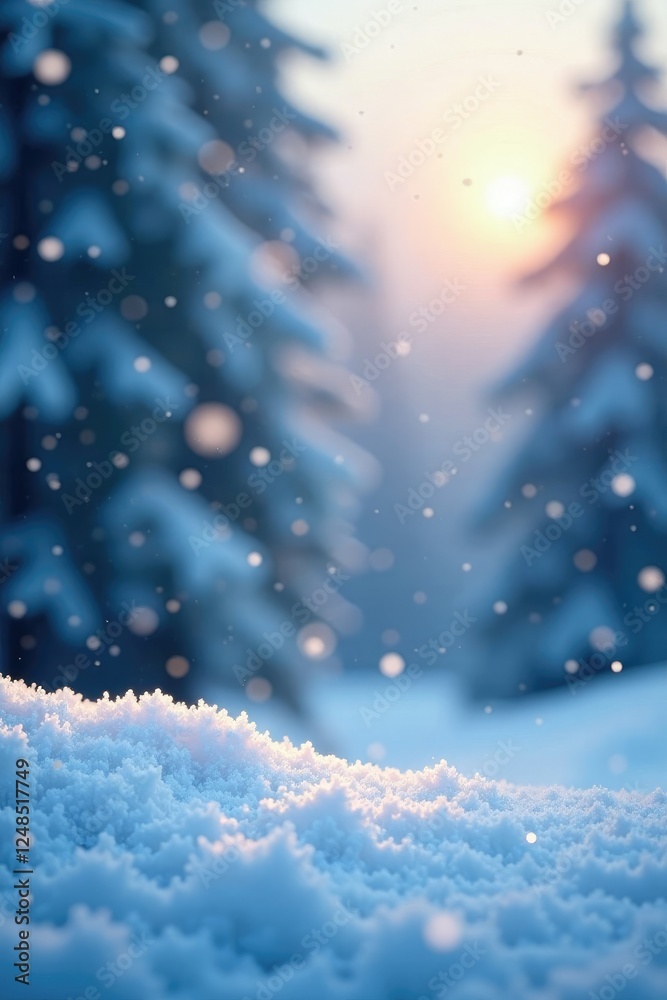 Naklejka premium Snowflakes gently falling on a winter landscape, frozen world, cold weather, winter snowflakes