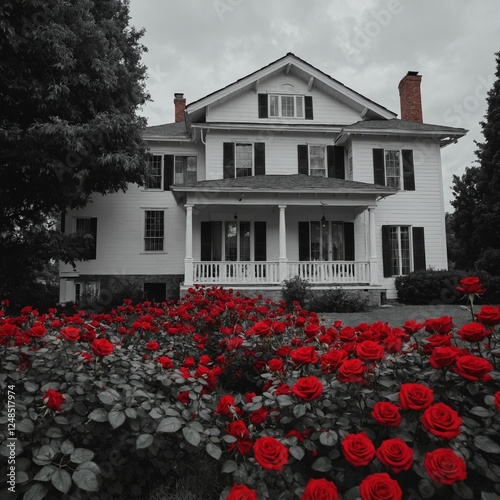 A black-and-white house with a pop of red roses, white background.