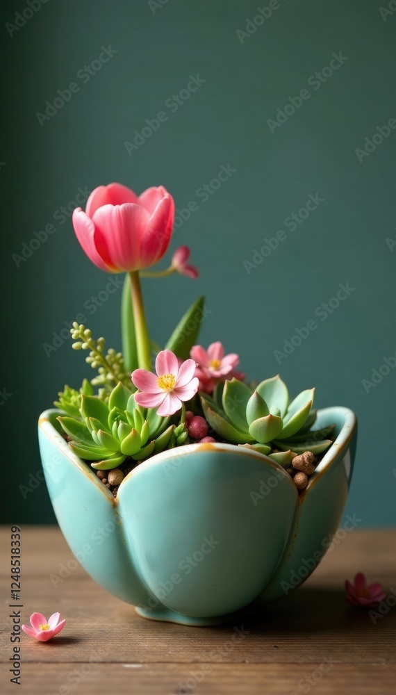 Obraz premium Tulip shaped bowl filled with forget me nots and small succulents, tulips, foliage, greenery