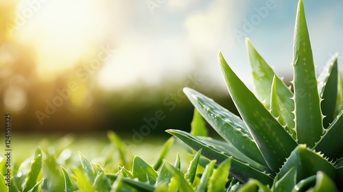 Close-up of fresh green aloe vera plant with dewdrops in sunlight, surrounded by grass, natural healing herb in outdoor garden setting