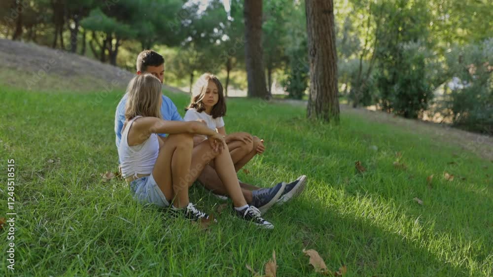 Happy family relaxing together in park Happy family relaxing together in park