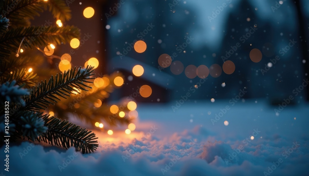 Fototapeta premium Twinkling golden lights on a dark winter background, Christmas, decoration, winter