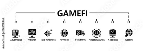 Gamefi banner web icon vector illustration concept with icon of defi, white paper, play to earn, digital token, nft, blockchain, pool rewards and staking