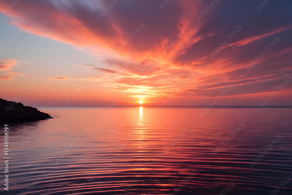 Obraz premium Dramatic cloudscape at dusk, featuring a fiery orange sun setting over the horizon.