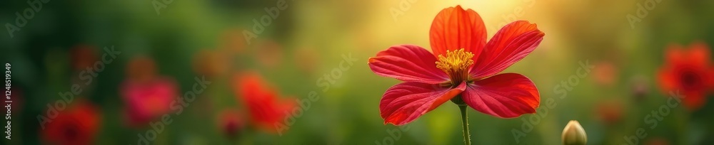 Un fiore rosso aperto con una farfalla che vola via, farfalla, animale Un fiore rosso aperto con una farfalla che vola via, farfalla, animale