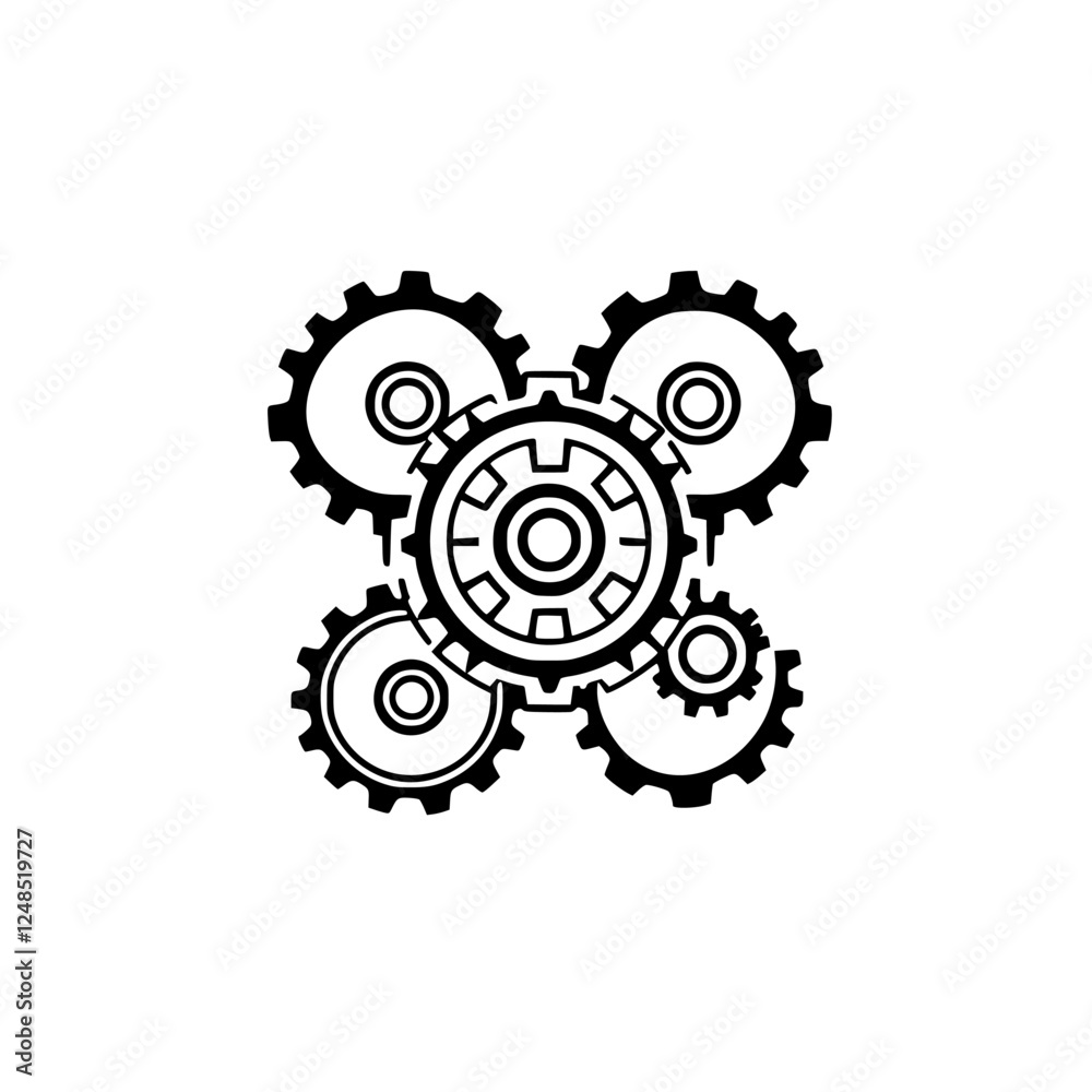 Interlocking Gears Logo: Black and White, illustrating a cogwheel system, minimalist design. Interlocking Gears Logo: Black and White, illustrating a cogwheel system, minimalist design.