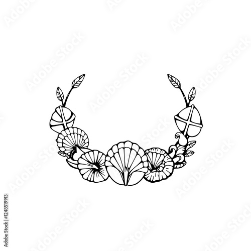 Outline artwork of a wreath. Leaves and seashells are a part of the design.