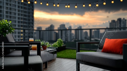 Rooftop sunset cityscape; cozy patio furniture