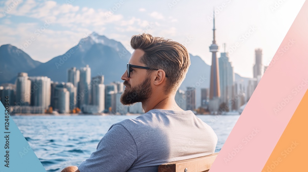 Fototapeta premium Man with beard wearing sunglasses sitting on a bench overlooking city skyline with mountains and water in the background