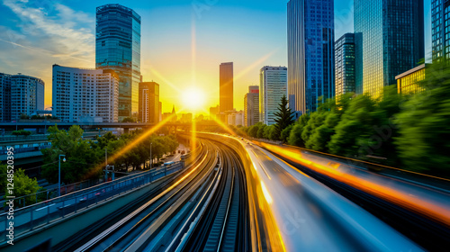 A train traveling through a city at sunset