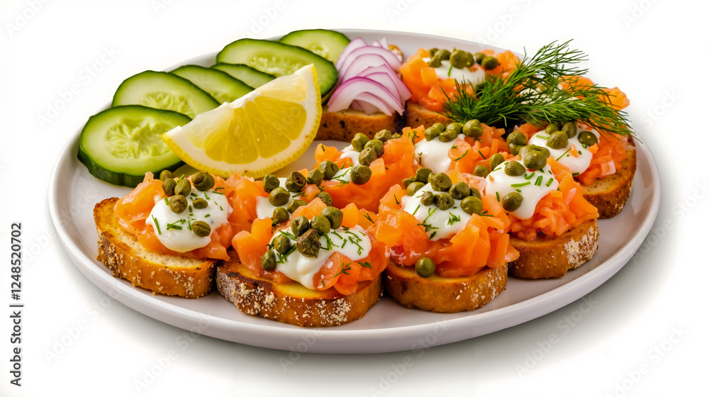 A white plate topped with slices of bread covered in salmon and capers A white plate topped with slices of bread covered in salmon and capers
