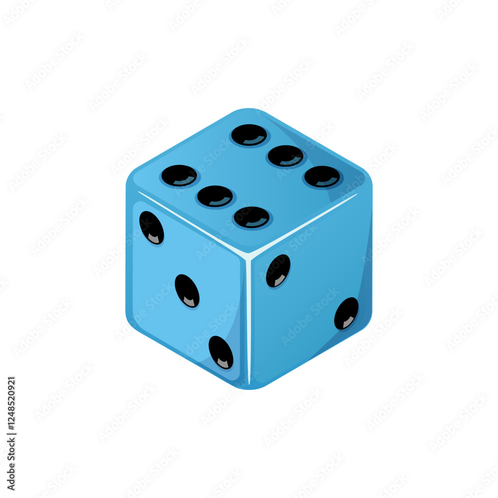 Game dice, blue dice with the number six side coming up. Dice cube icon isolated on white background. Game dice, blue dice with the number six side coming up. Dice cube icon isolated on white background.