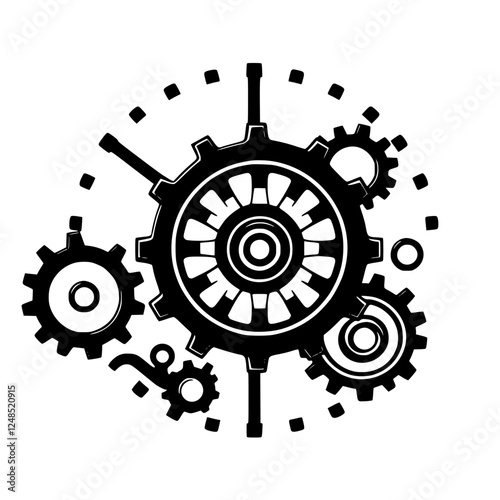 Steampunk-style mechanical Clock composed of intricate gear mechanism, in bold black and white.