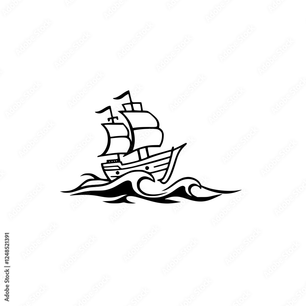 Simplistic sailing ship silhouette image, black and white, set against a white background, representing adventure. Simplistic sailing ship silhouette image, black and white, set against a white background, representing adventure.