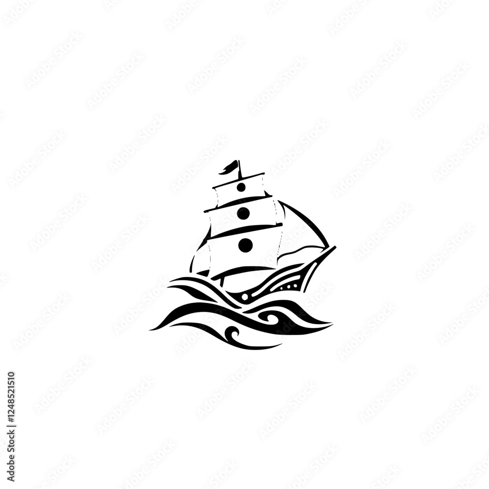 Minimalistic Silhouette of a Sailboat, Sailing on Waves. Classic Nautical Theme.