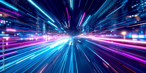A mesmerizing burst of vibrant colors and lights symbolizes the speed of technology and its impact on our lives. This abstract image evokes energy and motion. Ideal for tech or digital themes. AI