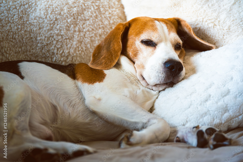 A adult beagle dog napping in sunny room on sofa A adult beagle dog napping in sunny room on sofa