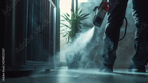 Disinfecting HVAC System: A person is disinfecting an HVAC system using a fogging machine.  The focus is on the lower half of the person's body and the fog emanating from the machine.