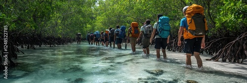 Hikers Trekking Through a Lush Mangrove Forest
