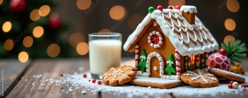 Naklejka premium Milk and cookies beside festive gingerbread house , delicious, warm