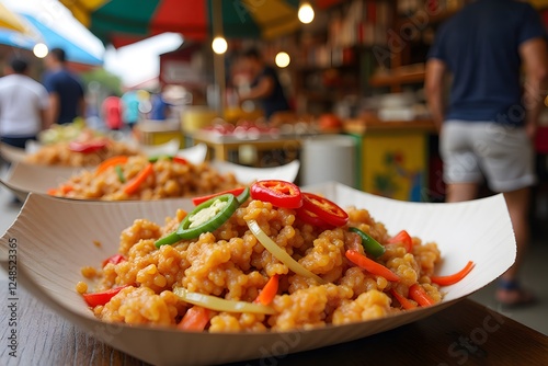 Colorful asian street food dish with peppers and fried rice noodles at market stall, Bicol express photo