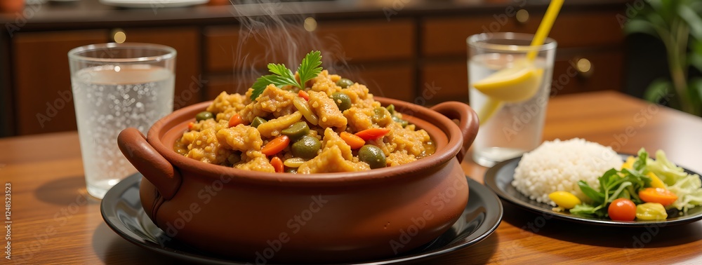Steaming bowl of vegetable rice dish with side salad and lemon water on wooden table,Bicol express Steaming bowl of vegetable rice dish with side salad and lemon water on wooden table,Bicol express